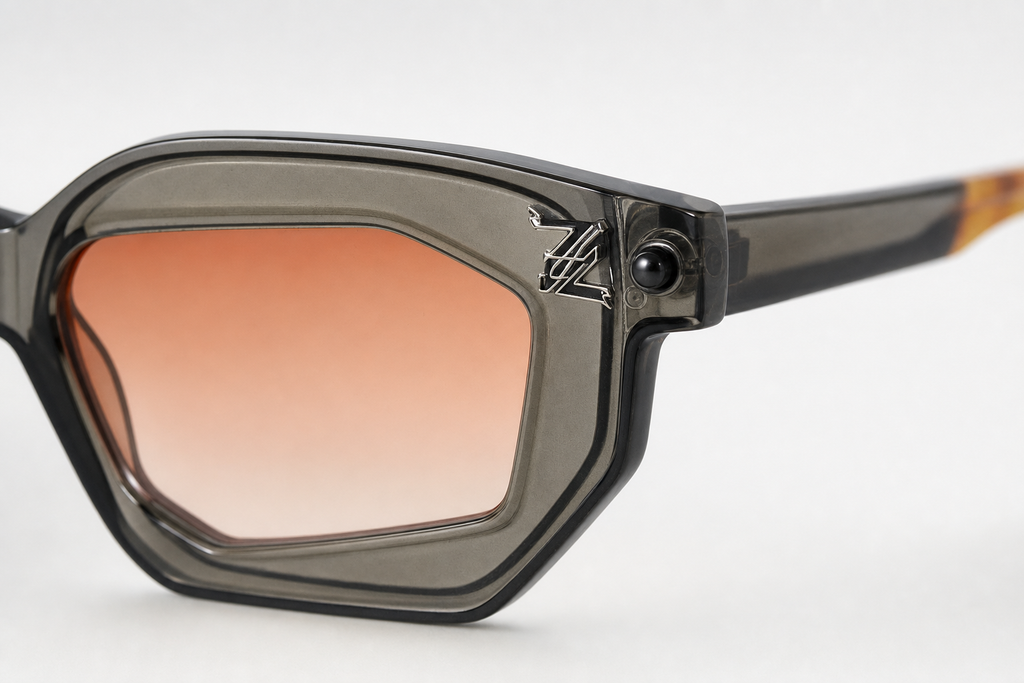 AVANT sunglasses, Charcoal Grey/Rose Gradient, hinge and logo macro detail