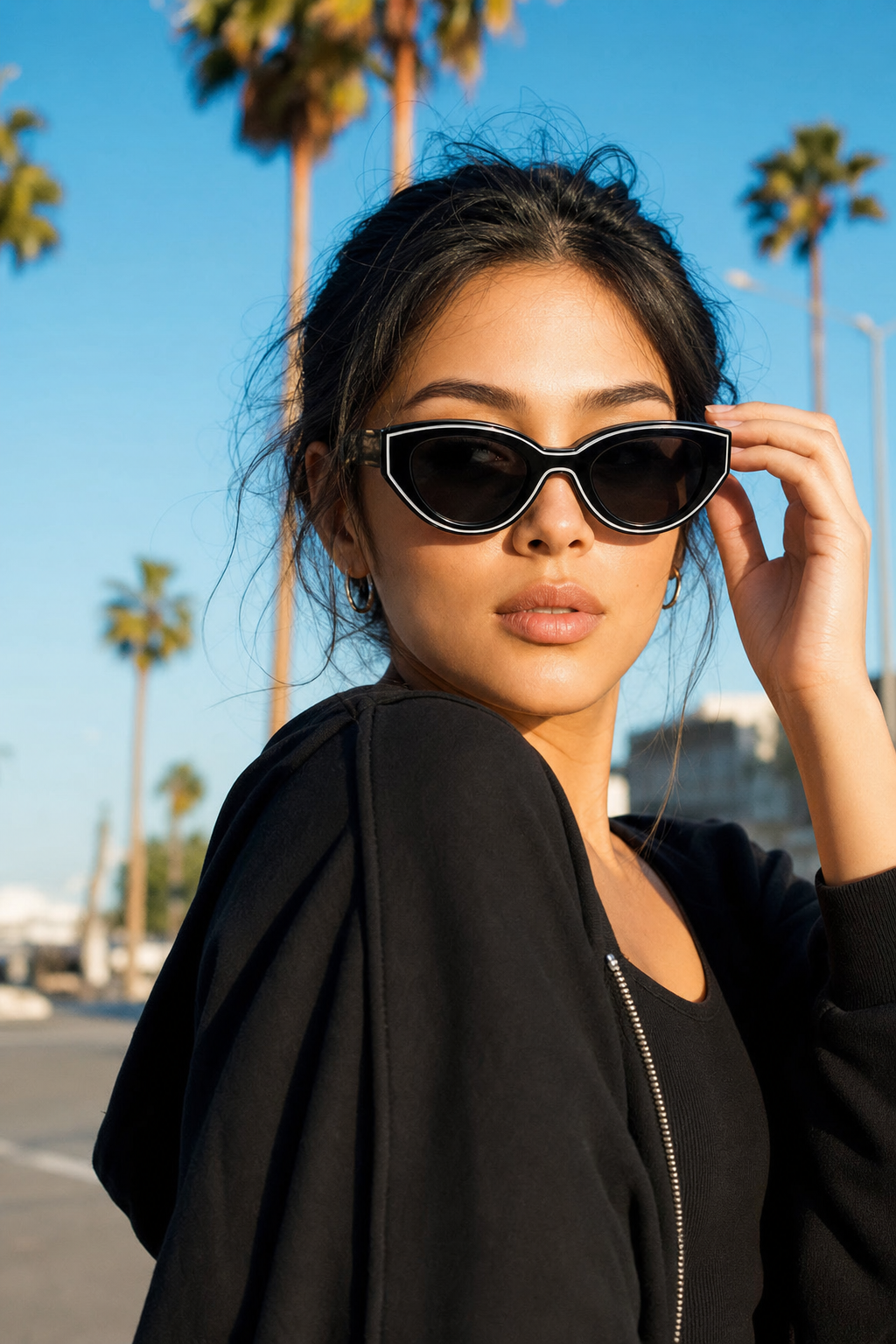 BEL AIR sunglasses, black frame, lifestyle candid photo