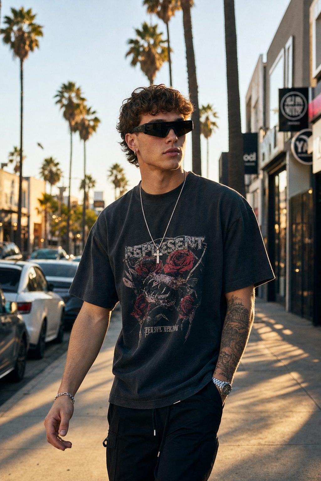 Model wearing DASH sunglasses in black frame with black lenses, walking on a sunny Los Angeles street