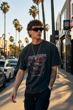 Model wearing DASH sunglasses in black frame with black lenses, walking on a sunny Los Angeles street