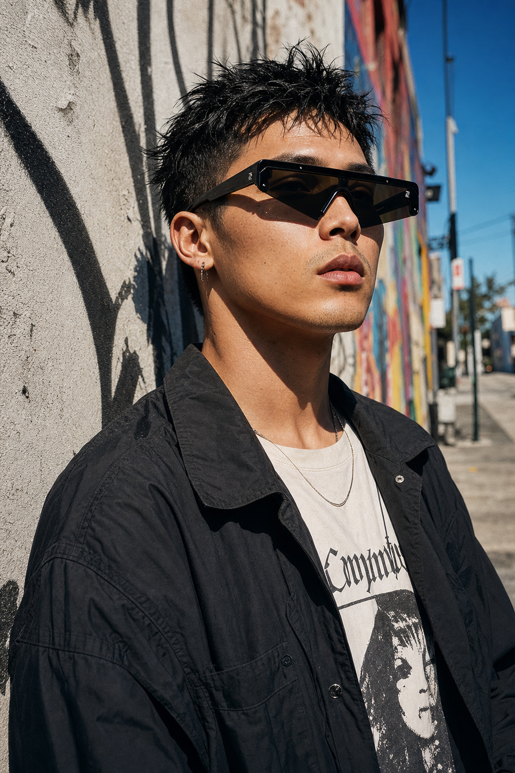 Model wearing DASH sunglasses in black frame with black lenses, portrait against a mural wall in LA arts district