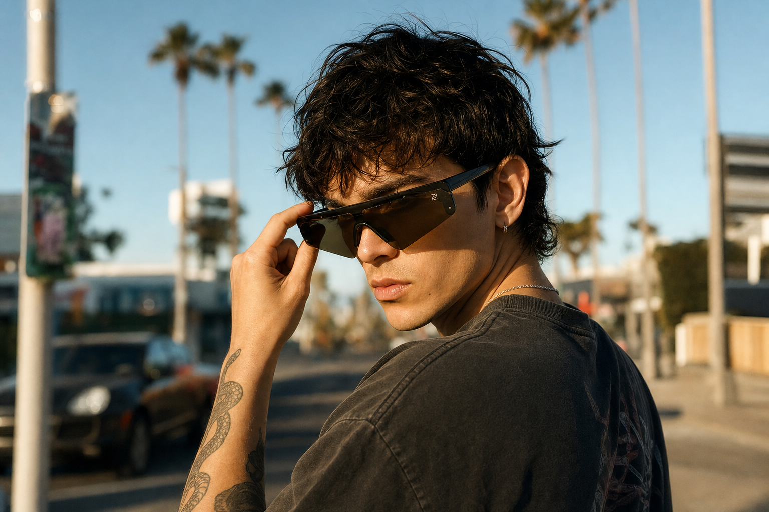 Model wearing DASH sunglasses in black frame with black lenses, candid pose with palm trees in Los Angeles
