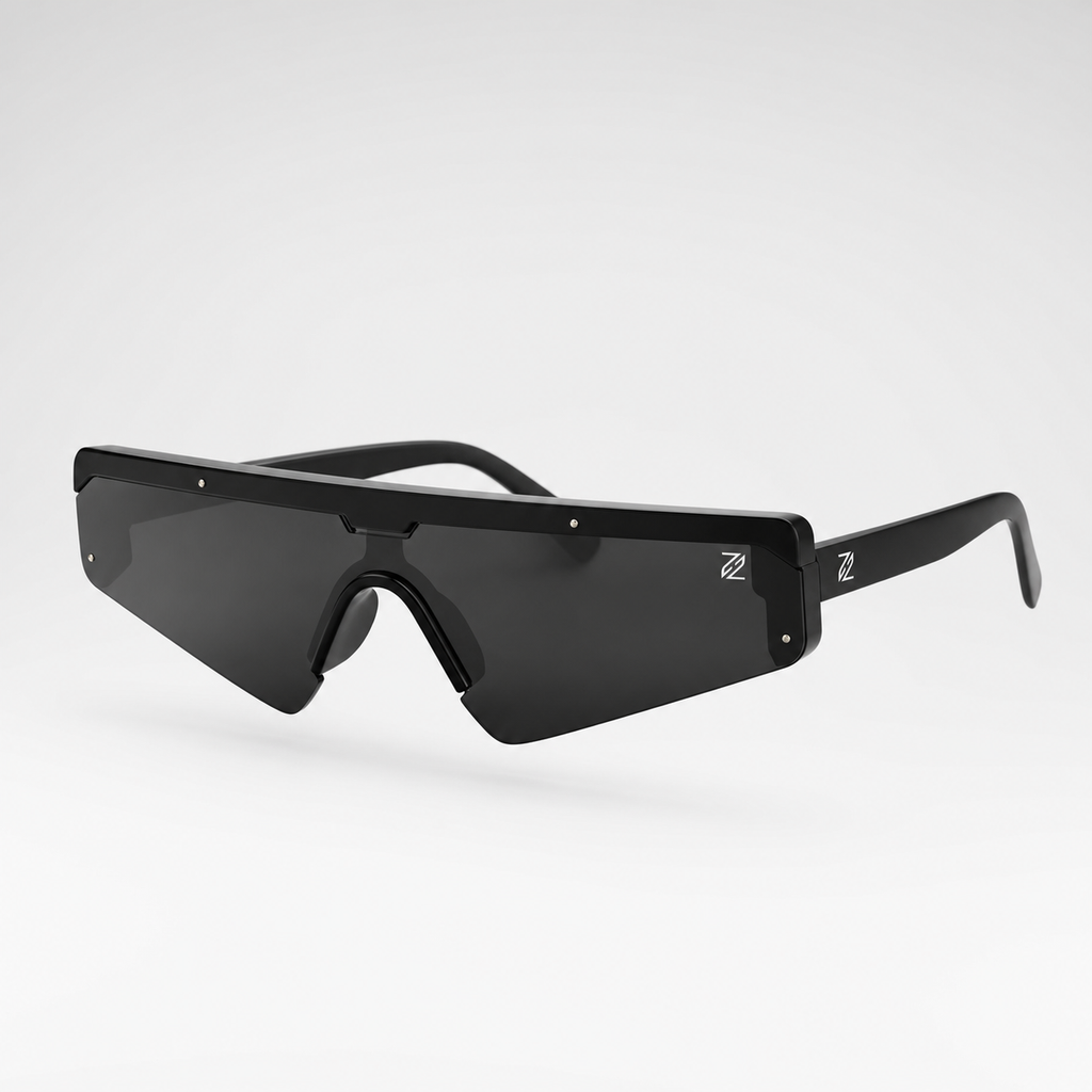 DASH sunglasses in black frame with black lenses, 3/4 angled studio view showing temple and logo