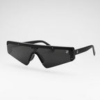DASH sunglasses in black frame with black lenses, 3/4 angled studio view showing temple and logo