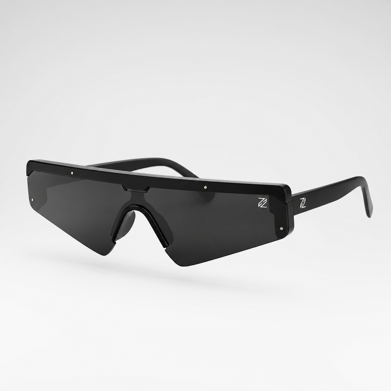 DASH sunglasses in black frame with black lenses, 3/4 angled studio view showing temple and logo