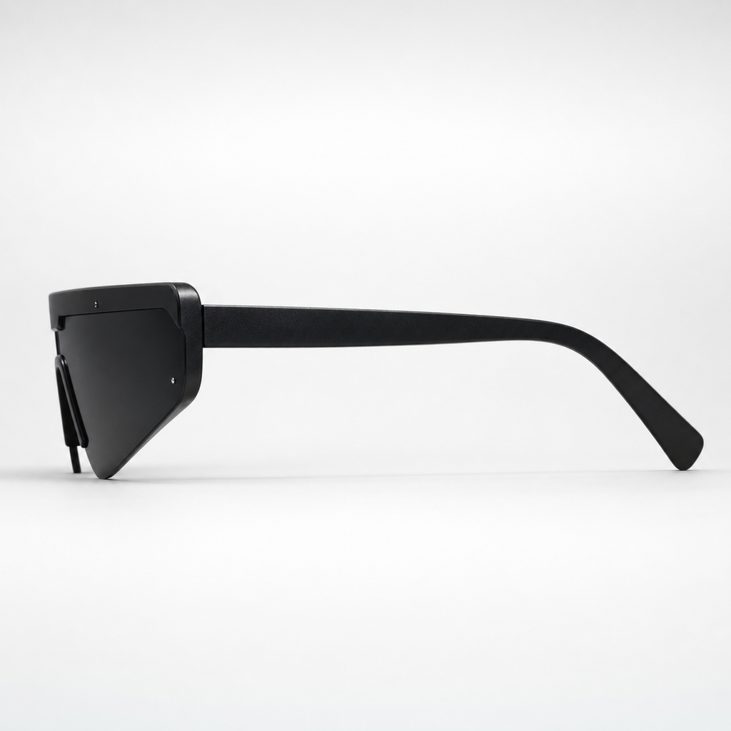 DASH sunglasses in black frame with black lenses, side profile studio view
