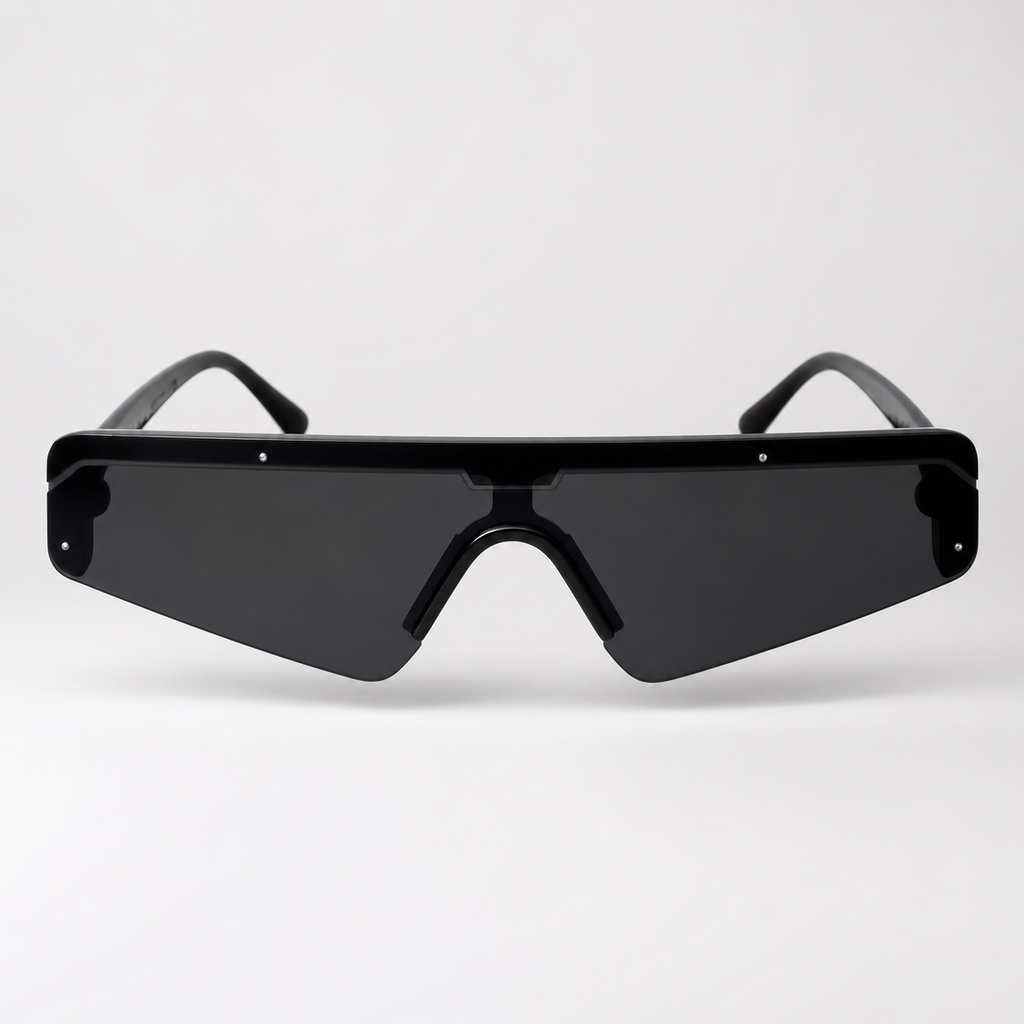 DASH sunglasses in black frame with black lenses, front view with soft lens highlight