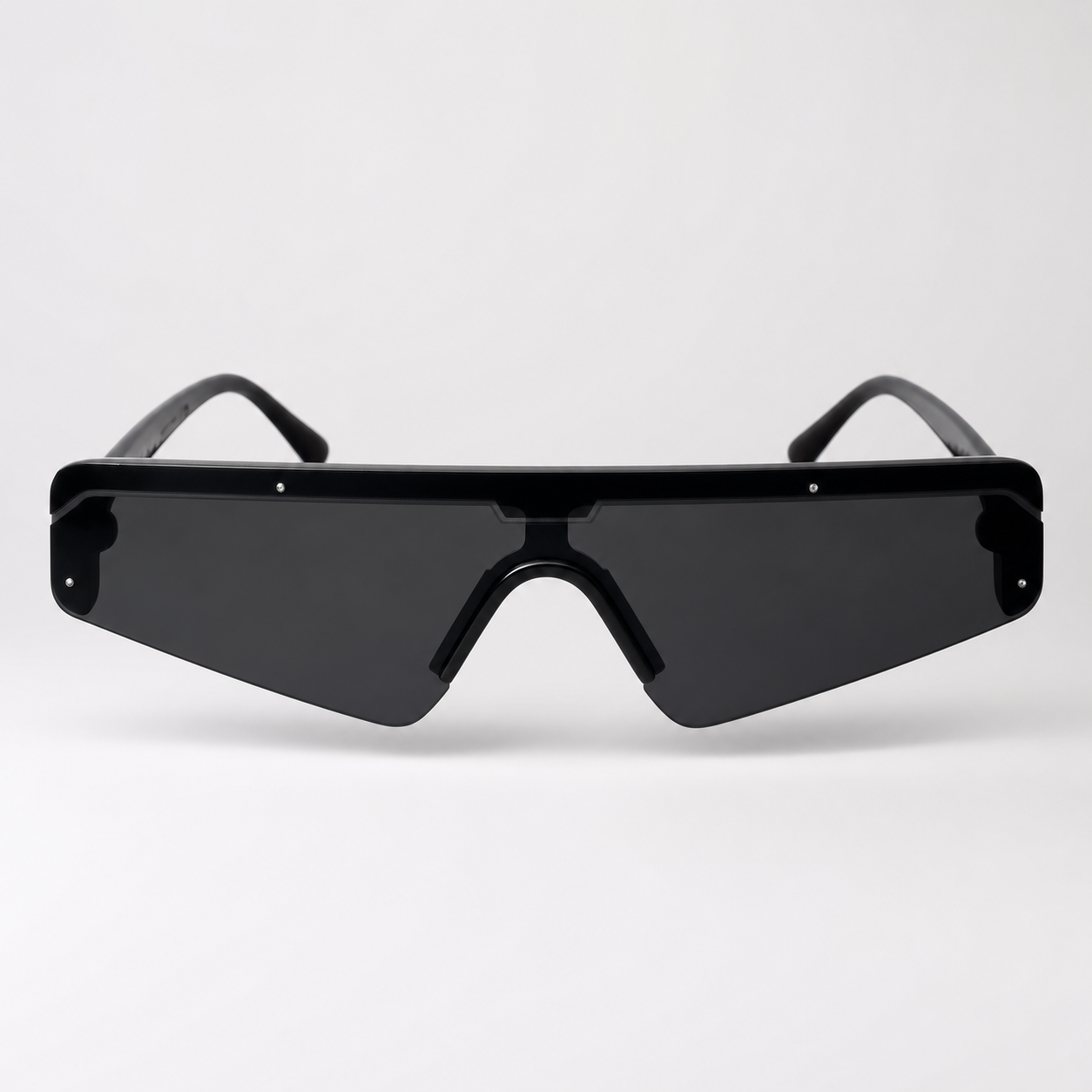 DASH sunglasses in black frame with black lenses, front view with soft lens highlight