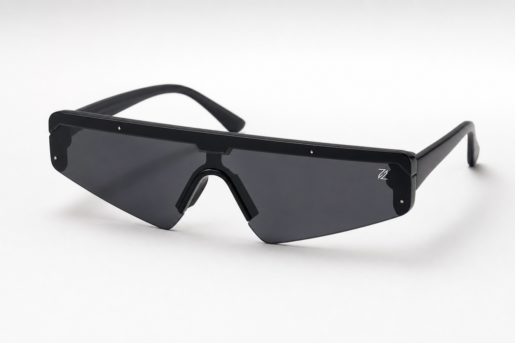 DASH sunglasses in black frame with black lenses, elevated 3/4 studio view