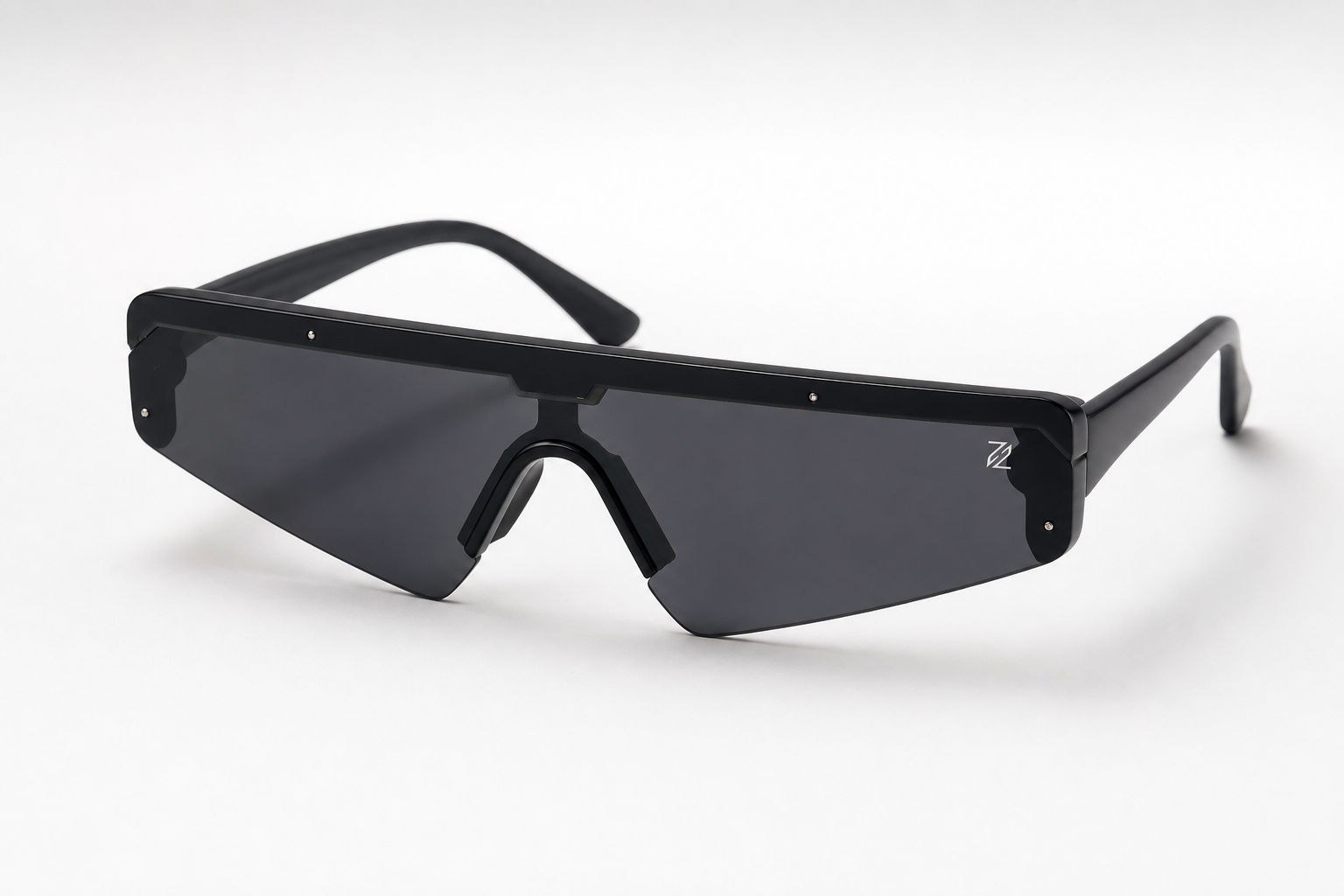 DASH sunglasses in black frame with black lenses, elevated 3/4 studio view
