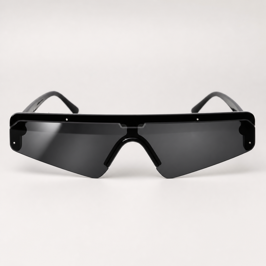DASH sunglasses in black frame with black lenses, front view with subtle lens reflection