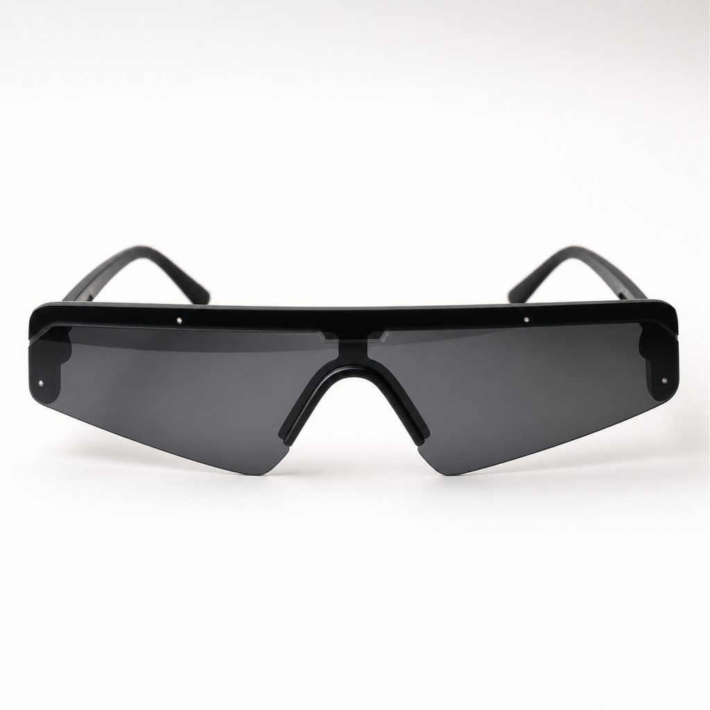 DASH sunglasses in black frame with black lenses, straight-on front studio view