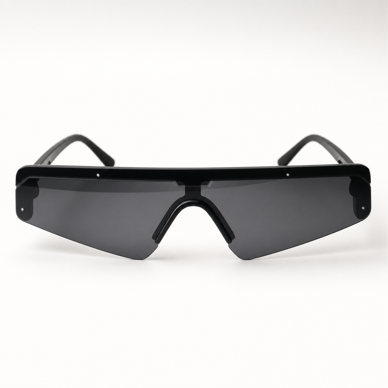 DASH sunglasses in black frame with black lenses, straight-on front studio view
