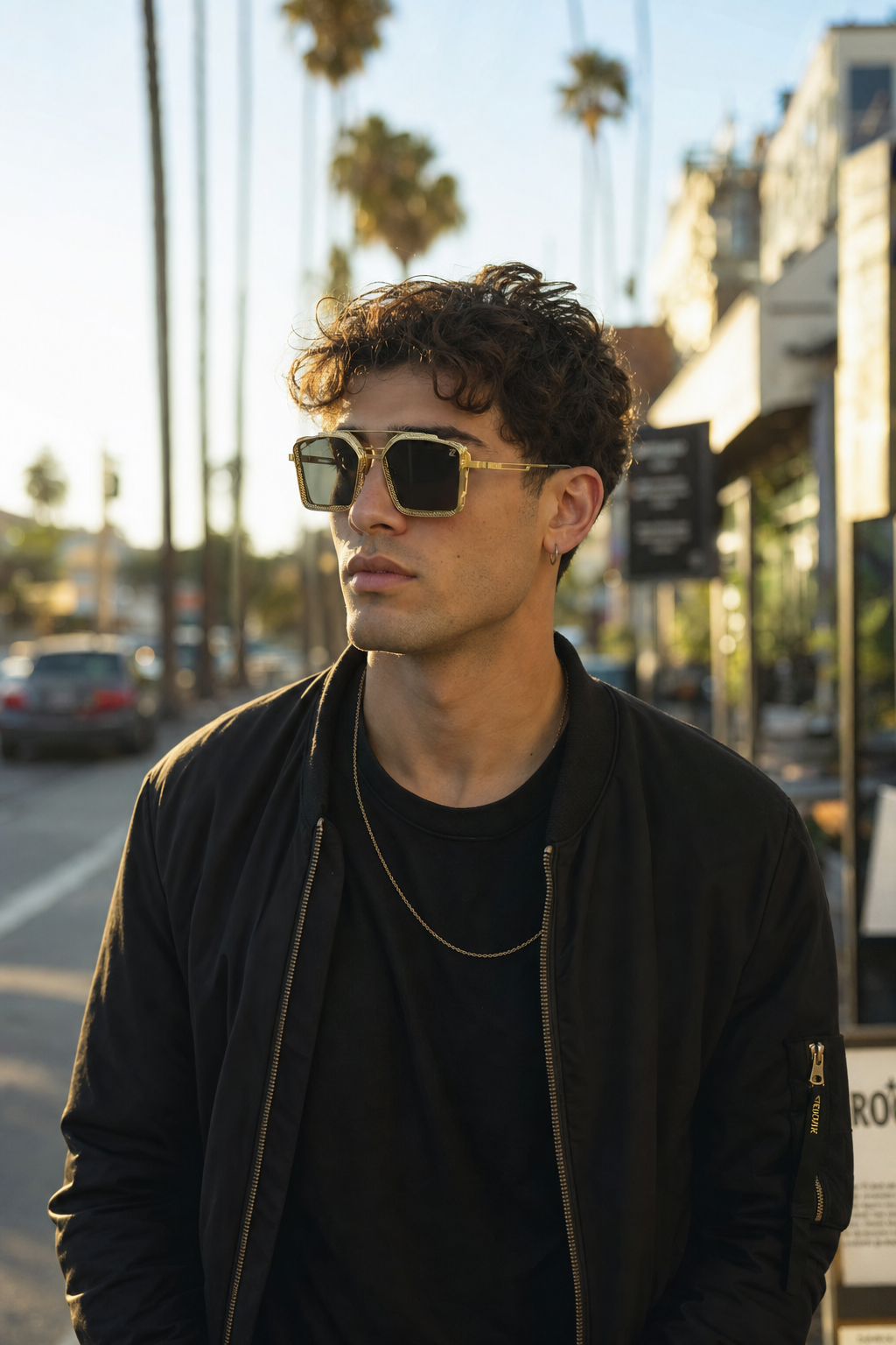 DYNASTY sunglasses gold metal frame lifestyle photo Los Angeles street