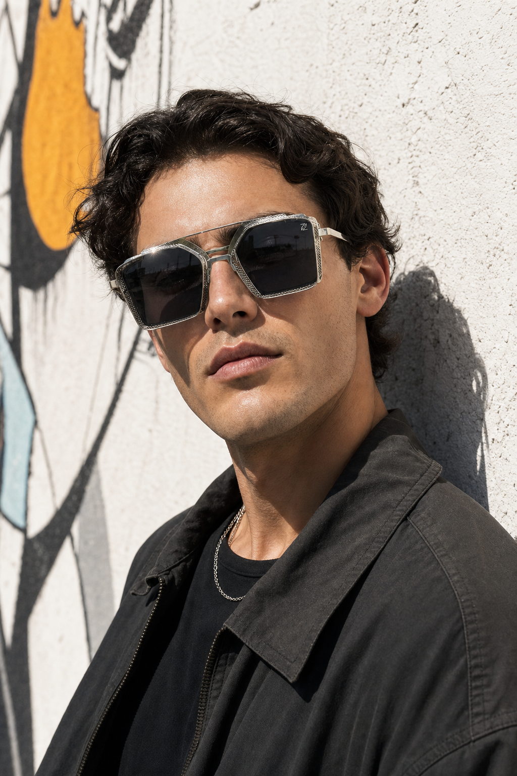 DYNASTY sunglasses silver metal frame lifestyle close-up portrait