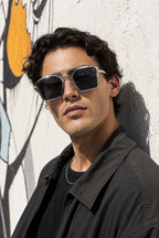 DYNASTY sunglasses silver metal frame lifestyle close-up portrait