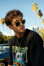 DYNASTY sunglasses gold metal frame lifestyle outdoor candid photo