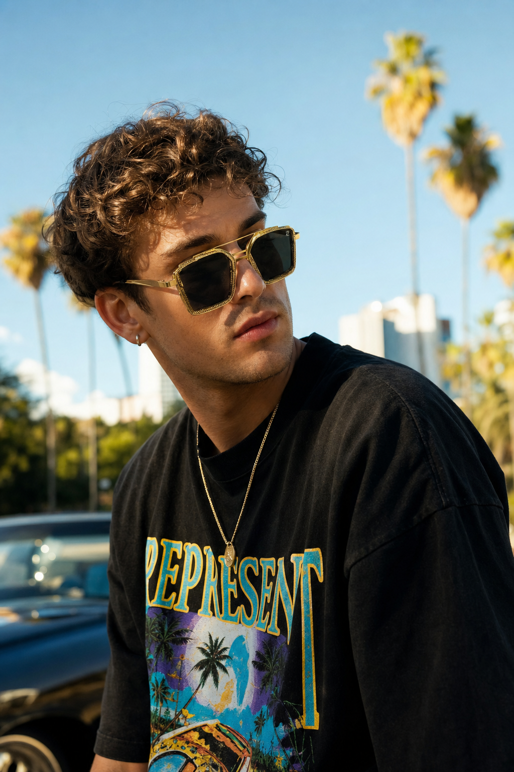 DYNASTY sunglasses gold metal frame lifestyle outdoor candid photo