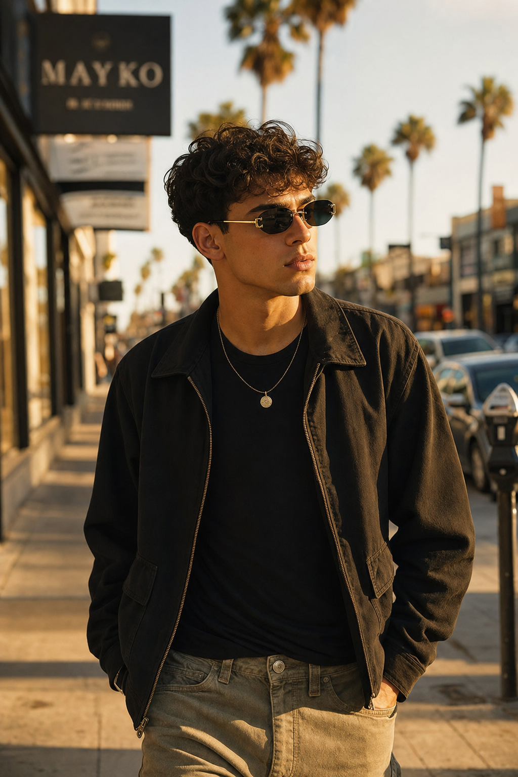 Model wearing HONCHO sunglasses, gold frame with black accents, LA street style