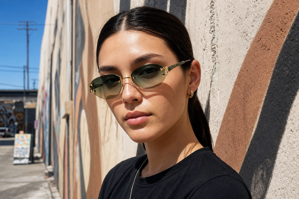 Model wearing HONCHO sunglasses, gold frame with python green accents, LA street style
