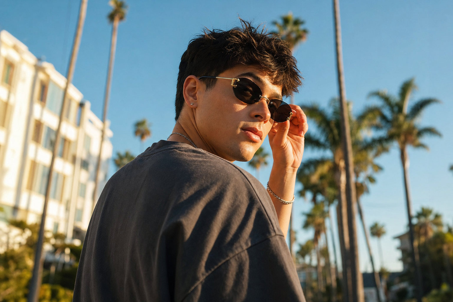 Model wearing HONCHO sunglasses, gold frame with black accents, LA street style