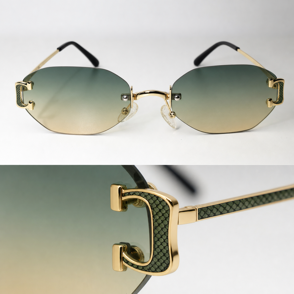 HONCHO sunglasses, gold frame with python green accents, macro hinge detail