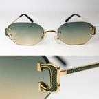 HONCHO sunglasses, gold frame with python green accents, macro hinge detail