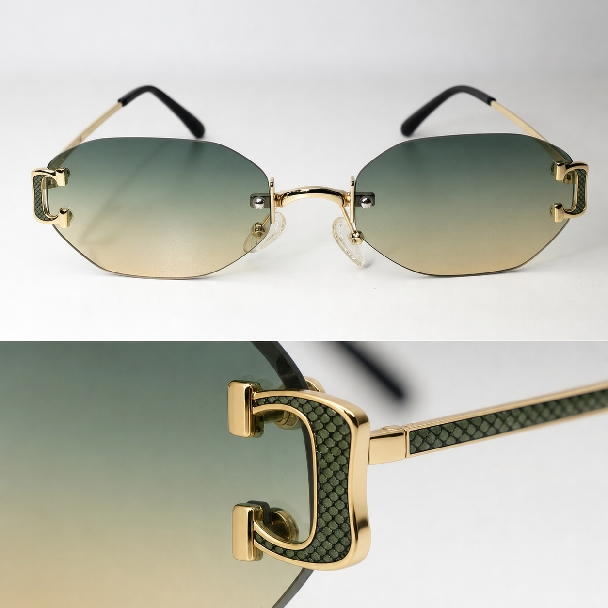 HONCHO sunglasses, gold frame with python green accents, macro hinge detail