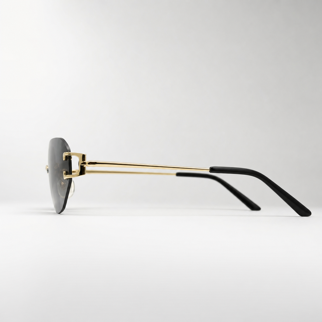 HONCHO sunglasses, gold frame with black accents, side profile view