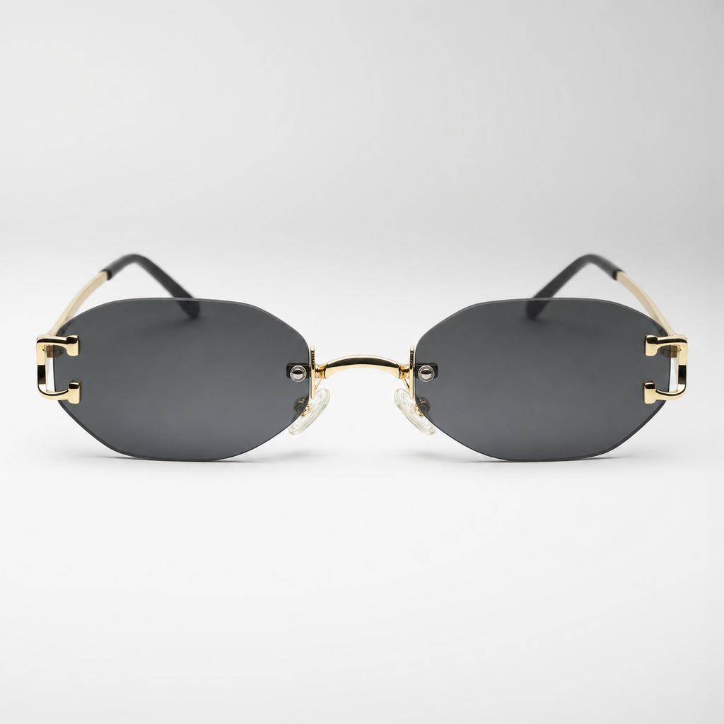 HONCHO sunglasses, gold frame with black accents, studio front view