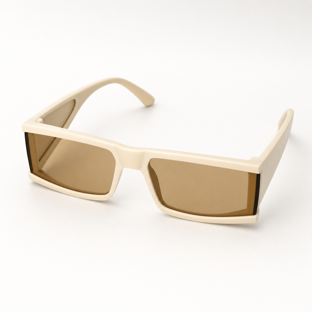 PHANTOM sunglasses in cream frame with brown lenses, elevated 3/4 studio view