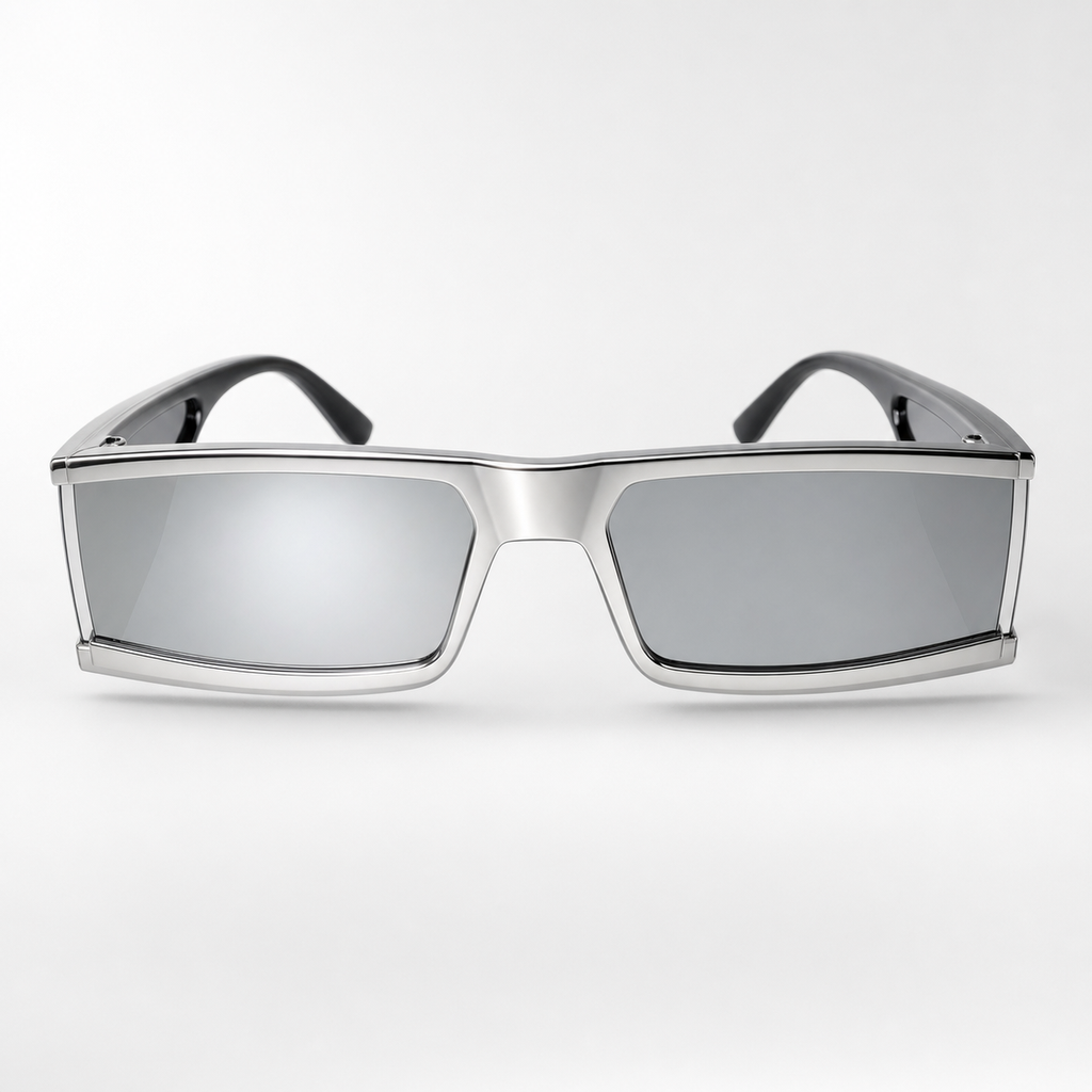 PHANTOM sunglasses in black frame with mirrored lenses, studio front view