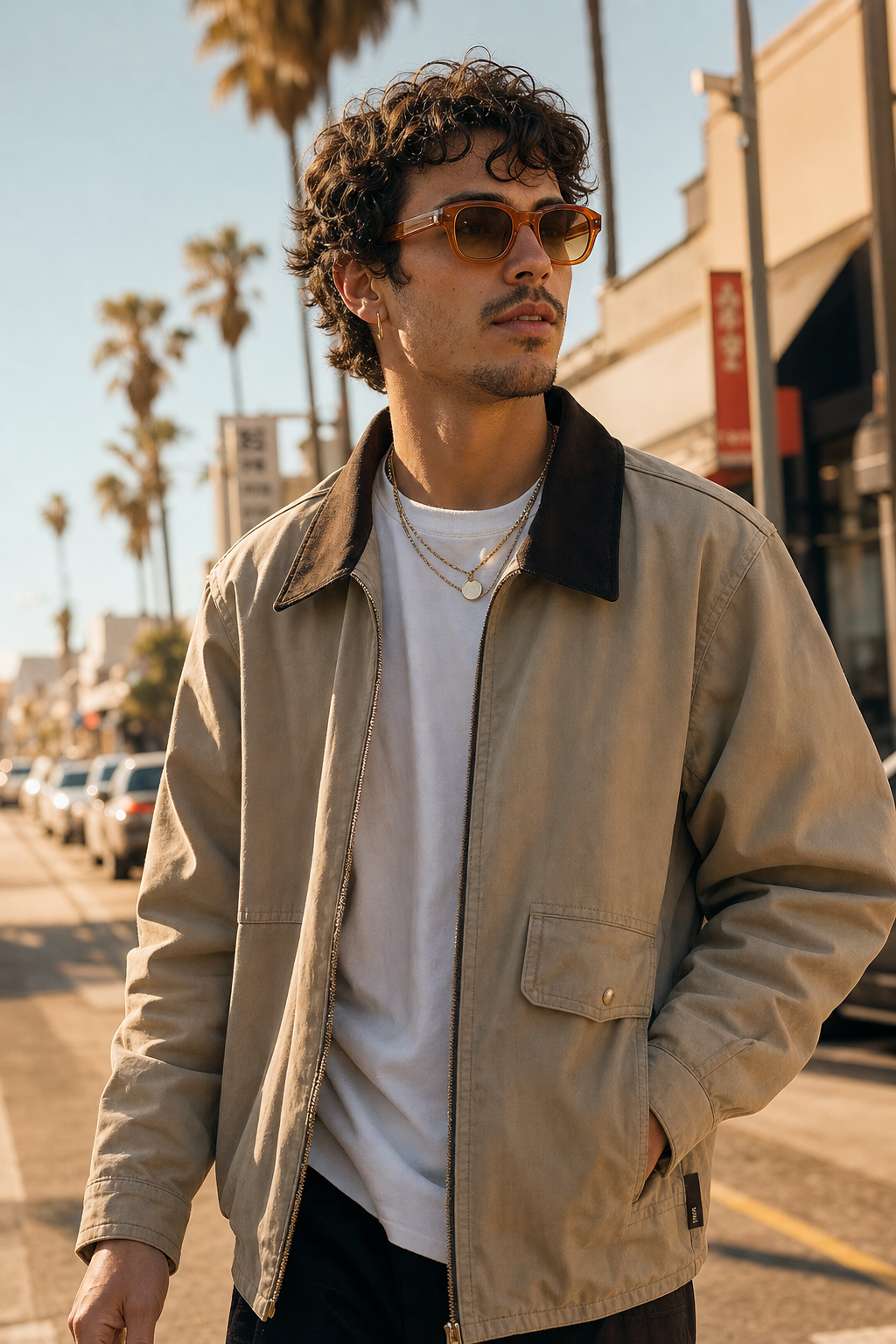 Model wearing SOLARIS sunglasses in brown frame with gold hardware, LA street lifestyle photo