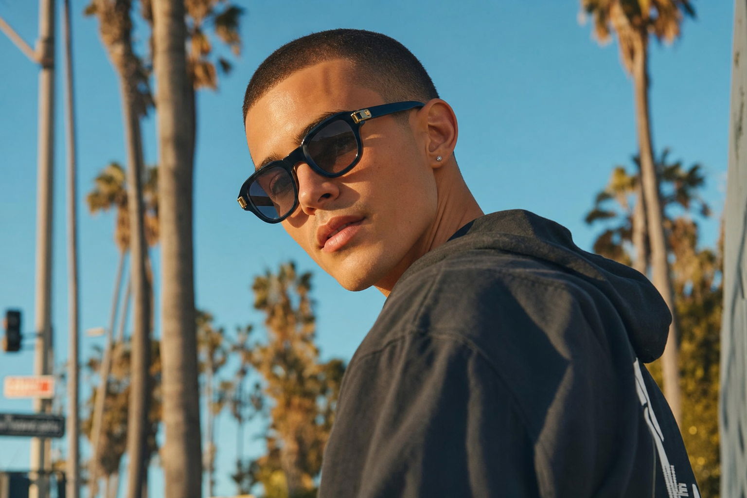 Model wearing SOLARIS sunglasses in dark blue frame with gold hardware, LA palm tree lifestyle photo