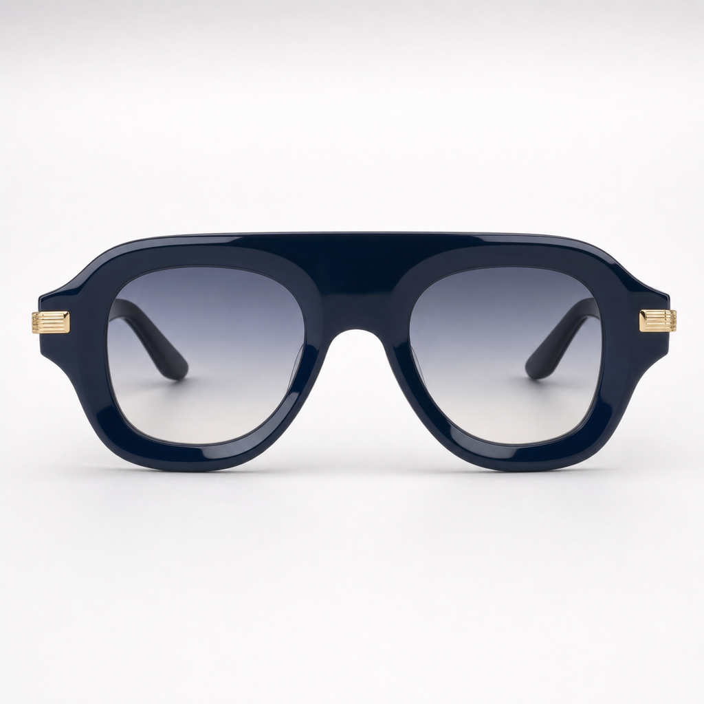 SOLARIS sunglasses in dark blue frame with gold hardware, studio front view