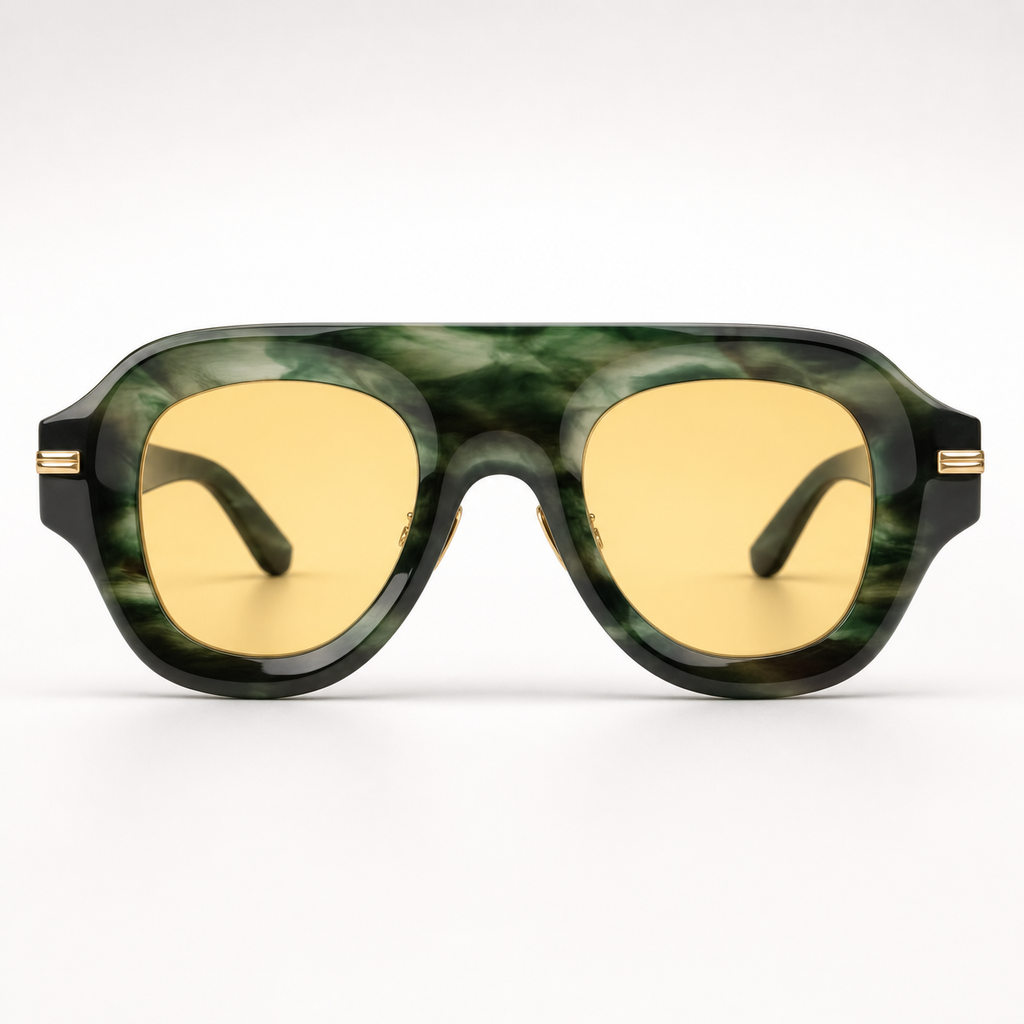 SOLARIS sunglasses in green tortoise frame with gold hardware, studio front view