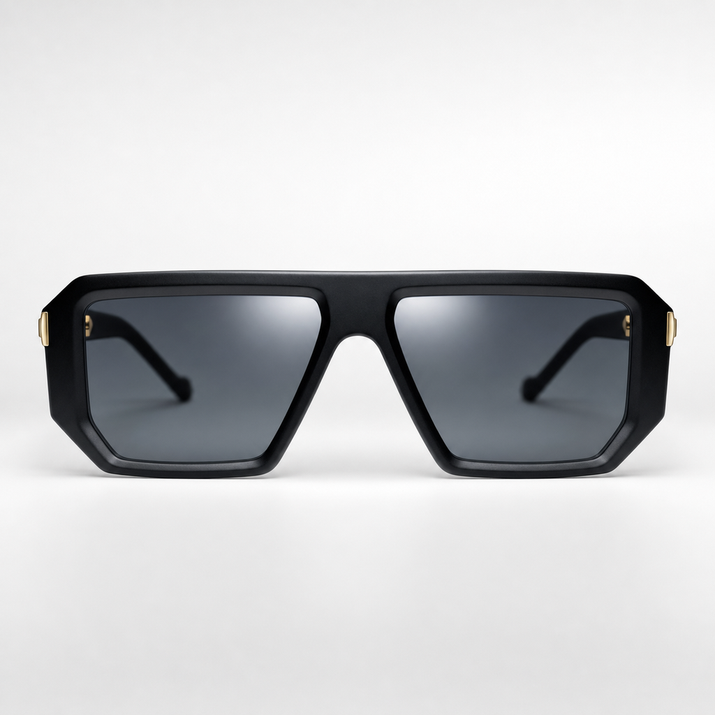 VICE sunglasses black frame gold hardware - front view with lens highlight