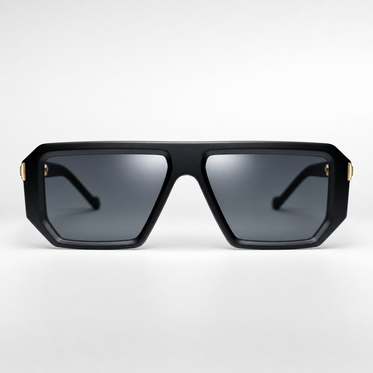 VICE sunglasses black frame gold hardware - front view with lens highlight