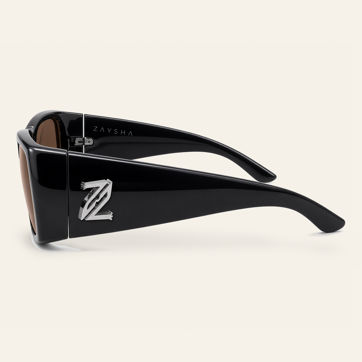 ZAYSHA BLOC sunglasses in Black / Brown, side view, opposite temple