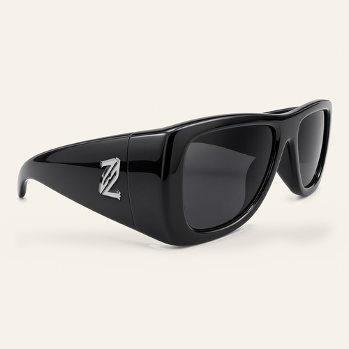 ZAYSHA BLOC sunglasses in Black / Grey, three-quarter angle view