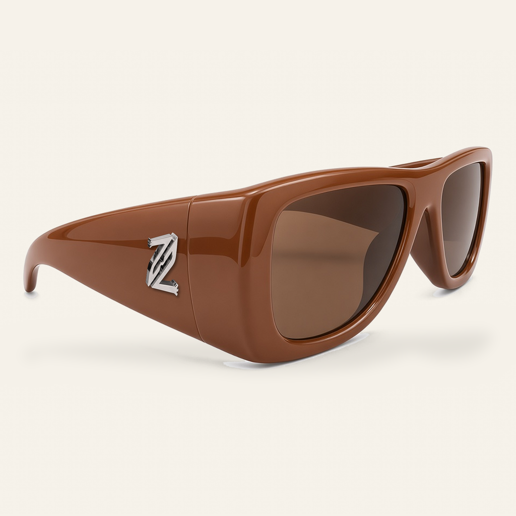 ZAYSHA BLOC sunglasses in Caramel, three-quarter angle view
