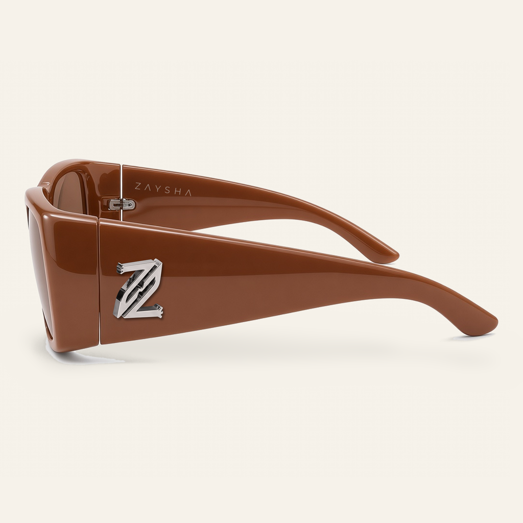 ZAYSHA BLOC sunglasses in Caramel, side view, opposite temple