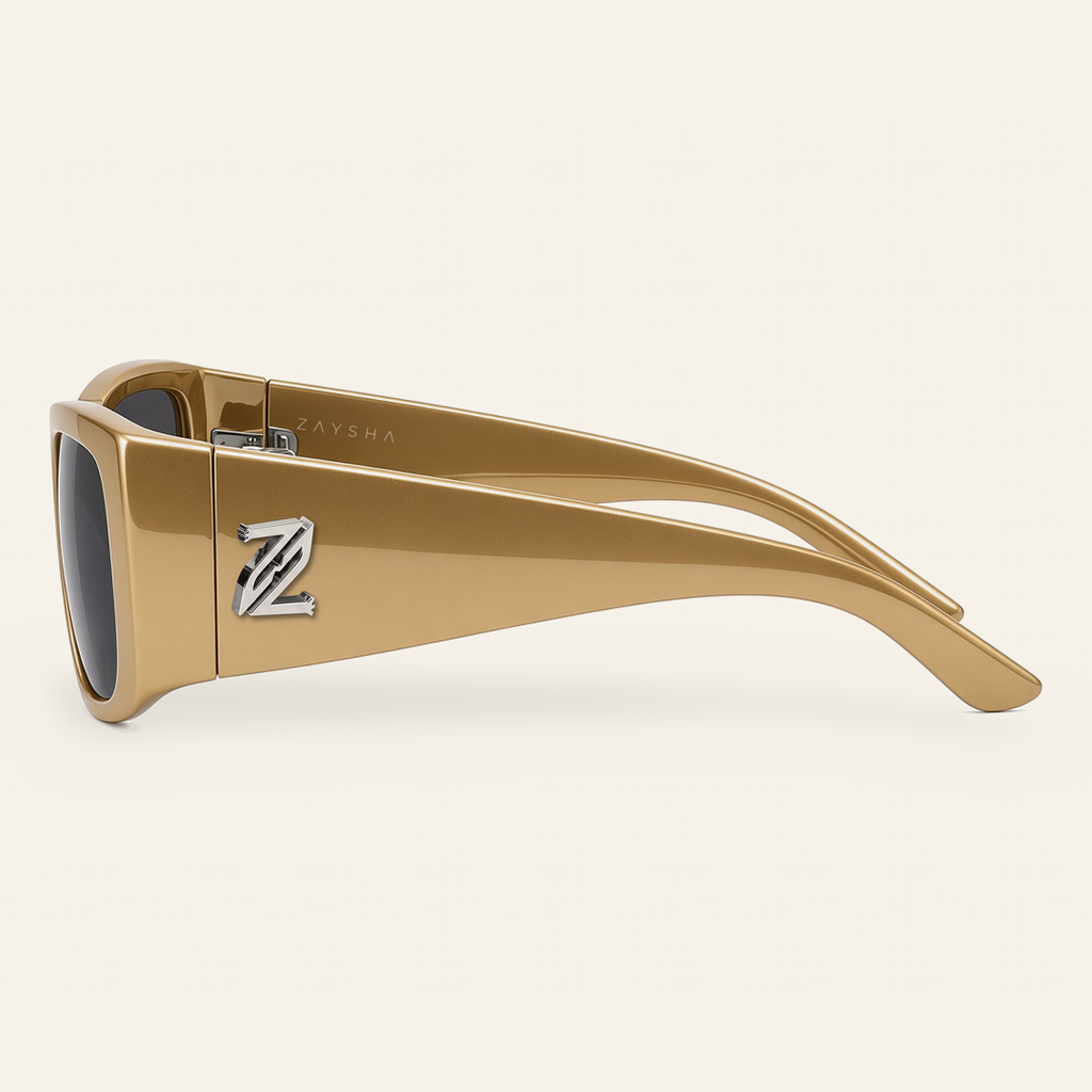 ZAYSHA BLOC sunglasses in Gold / Grey, side view