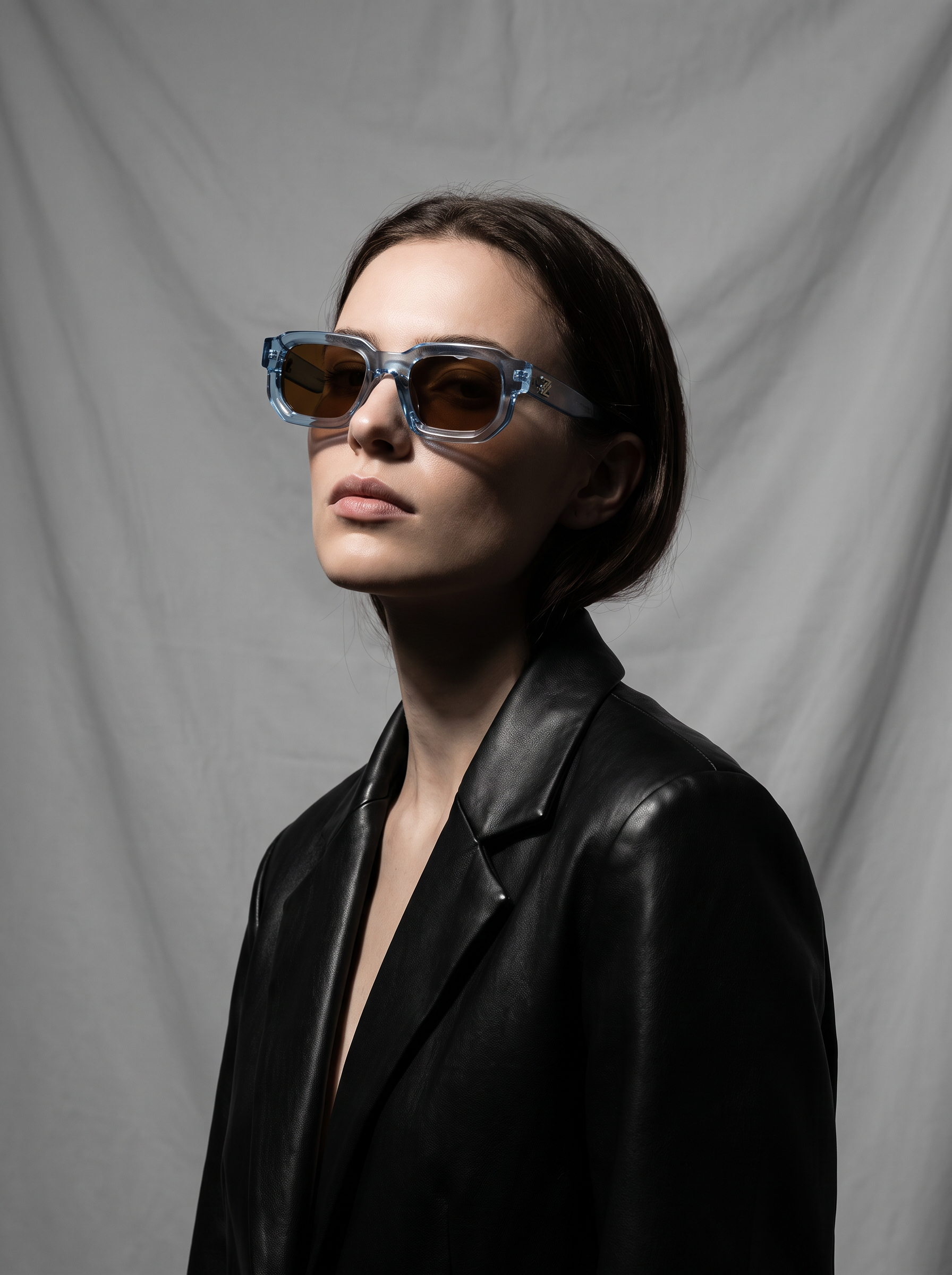 Zaysha Syzer sunglasses in blue mist, studio editorial shot